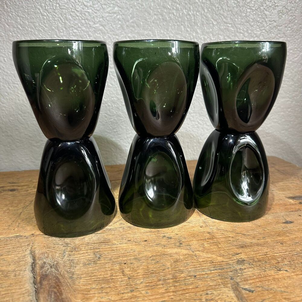 6 MCM Russel Wright Imperial Pinch Glass Tumblers Vintage 4" Blown Verde Green